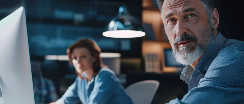 Two professionals working late in a modern office setting, focused on their tasks with a sense of dedication and professionalism, bathed in the glow of computer screens.