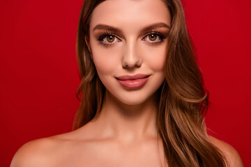 Fototapeta premium Close up cropped photo of gorgeous young girl bare shoulders isolated on red color background