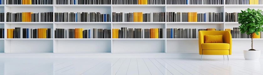 Modern minimalist library with white shelves, a cozy yellow armchair, and green plant, offering a serene reading environment.