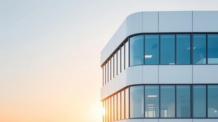 Fototapeta premium Modern office building with large glass windows reflecting the sunset, showcasing contemporary architecture and urban design.