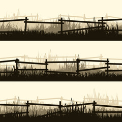 Meadow silhouettes with grass and old wooden fence. Countryside, panoramic summer lawn rural landscape with herbs, weeds. Herbal border, frame element. Brown horizontal banners. Vector illustration