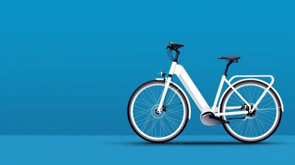 Modern white electric bicycle against a blue background, showcasing sleek design and eco-friendly transportation alternative.
