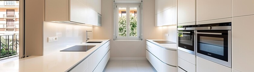 Obraz premium Modern white kitchen with minimalistic design, built-in appliances, and large windows offering natural light and a view of greenery.