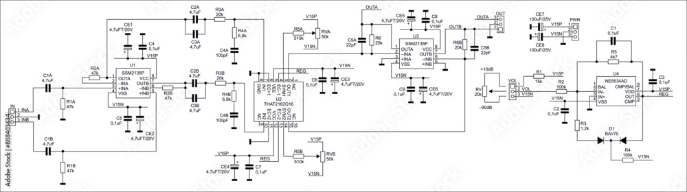 Poster schematic diagram of electronic device on sheet of paper. vector drawing electrical circuit with log