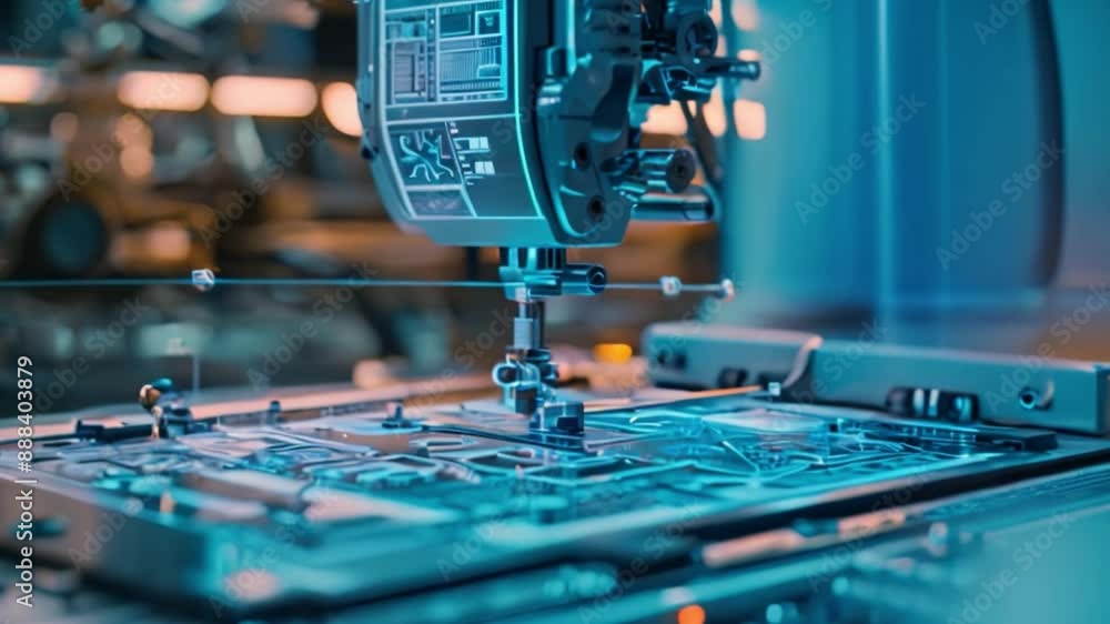 Poster a close-up view of an automated sewing machine in an industrial setting. the machine is in operation