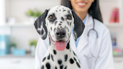 Dalmatian Smiling at Vet Clinic. Happy Pet Checkup