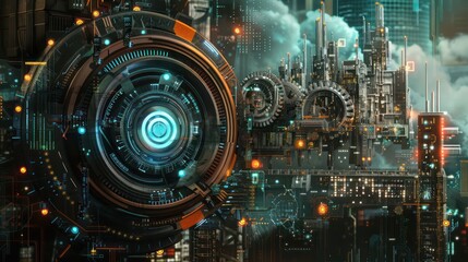 digital art piece illustrating the integration of new financial technology in a corporate setting, shown as a fusion of traditional gears and digital circuits