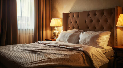 A king-size bed is positioned in a bedroom, accompanied by a stylish lamp, creating a comfortable and inviting space.