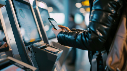 Person uses a smartphone to interact with a self-service kiosk at an airport, signifying modern travel and convenience.