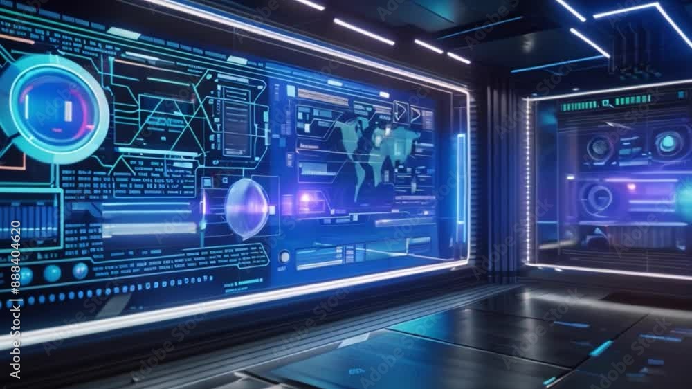 Poster a screenshot of a futuristic room with several large, blue screens displaying data and a world map. 