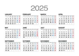 2025年の年間カレンダー月曜始まり日本の祝日表記無し
