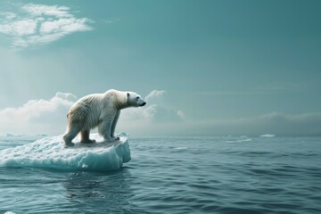 Naklejka premium Polar bear on drifting ice, highlighting themes of climate change, habitat loss, and wildlife conservation