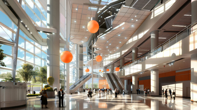 A spacious, modern atrium bathed in sunlight with glass walls, high ceilings, orange hanging decorations, and people walking through its contemporary architecture.