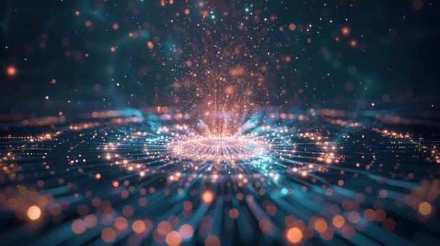 digital concept of a corporate dividend distribution, shown as glowing particles distributing from a central hub