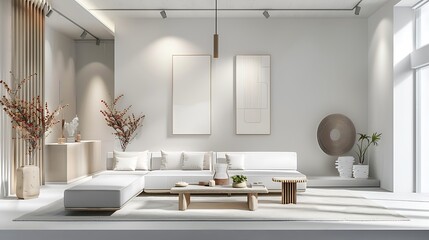 Living area on white tone for art work of lobby or coffee shop living room in house or apartment interior simple design