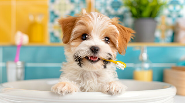 Adorable Puppy Bath Time with Toothbrush Fun. Cute Puppy in Bathroom Cleanliness