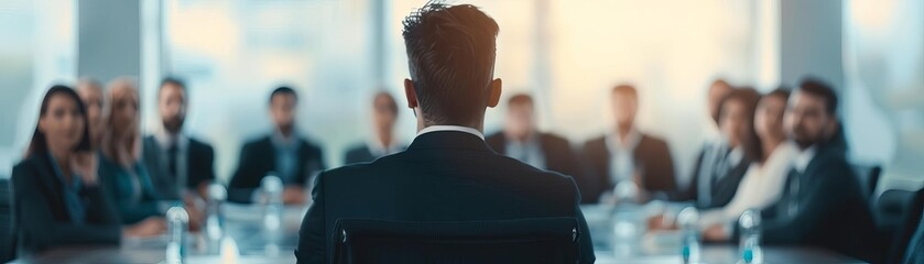 Rear view of a businessman leading a formal meeting in a corporate boardroom with business professionals, discussing strategies and decisions.