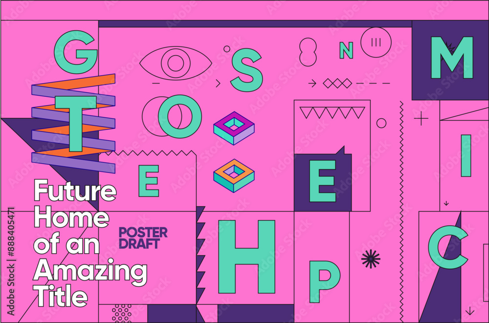 Poster modern poster design with bold typography and abstract shapes, set in a vibrant pink background for 