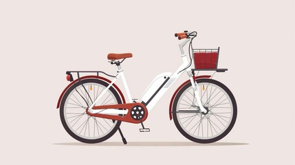 Retro style white and red bicycle with basket on light background. Side view of vintage bike with classic design.