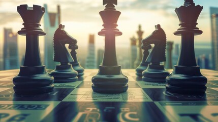 High-resolution depiction of a corporate strategic planning session, visualized as a chessboard with financial documents as chess pieces