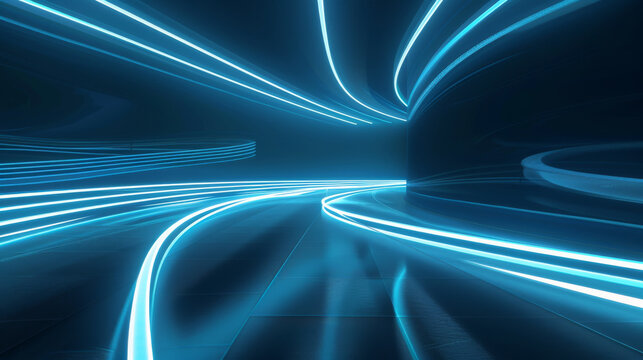 Cool blue neon lights follow the curves of a dark, winding tunnel, creating a sleek and mysterious futuristic environment. - Powered by Adobe