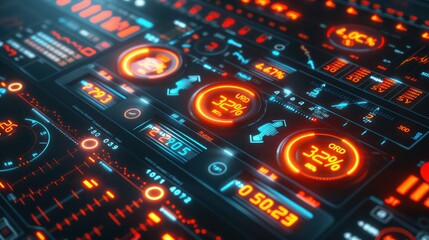 Detailed 3D model of a financial health monitoring system, with glowing indicators and dials measuring corporate performance metrics