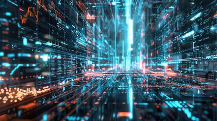 Detailed visualization of a stock market trading floor, represented abstractly with streams of data and light reflecting rapid transactions