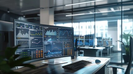 Detailed visualization of a dynamic financial reporting system, with screens displaying real-time data and analytics in a modern office