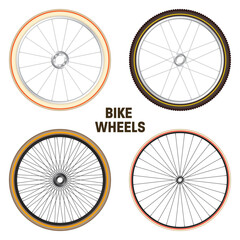 Realistic 3d retro bicycle wheels. Vintage bike rubber tyres, shiny metal spokes and rims. Fitness cycle, touring, sport, road and mountain bike. Vector illustration