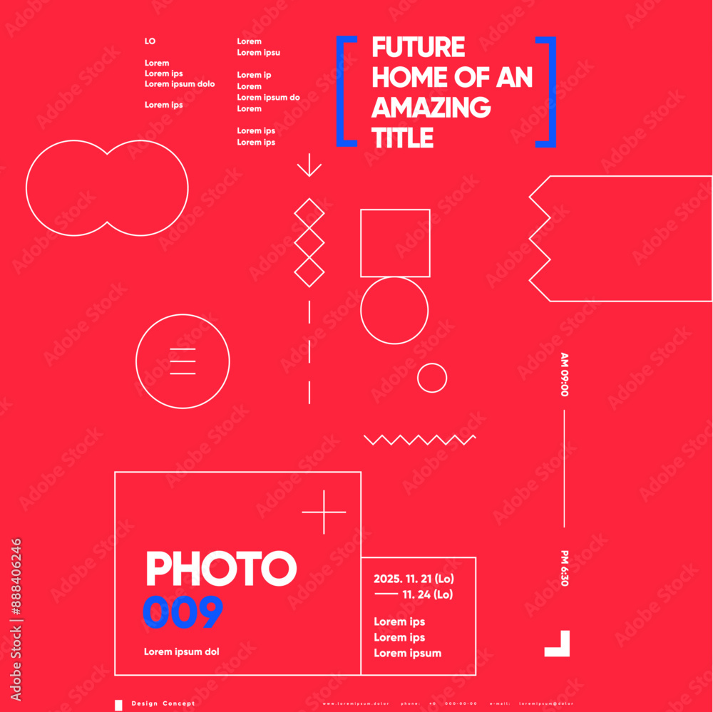 Poster bold red poster with a striking layout of geometric shapes and placeholders for future content, desi