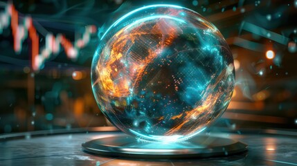 High-resolution image of a sophisticated algorithm predicting financial market trends, visualized as a crystal ball with swirling data clouds inside
