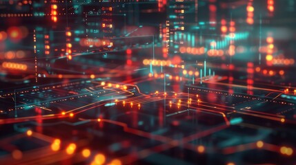 Fototapeta premium Detailed visualization of an automated financial risk analysis system, shown as a digital network analyzing and adjusting risk parameters in real-time