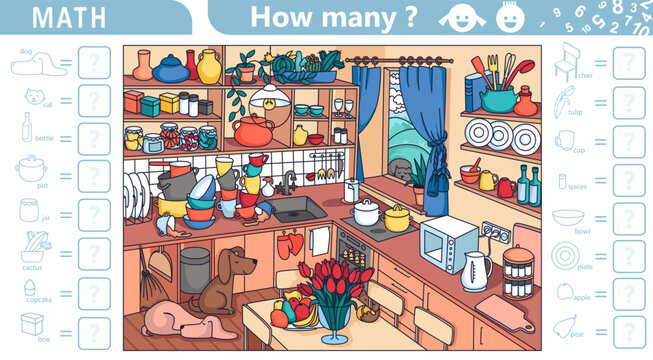 Counting math game for kids. Find and count hidden objects in the picture. Kitchen interior with furniture and home objects. Cozy family eating room. Sketch vector illustration