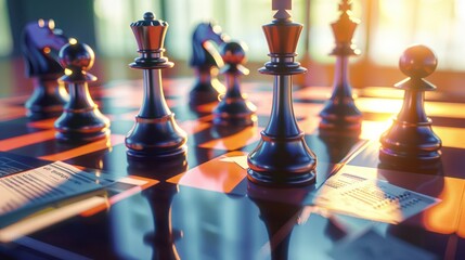 High-resolution depiction of a corporate strategic planning session, visualized as a chessboard with financial documents as chess pieces