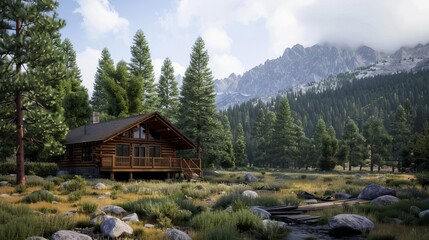 Fototapeta premium Serene mountain cabin surrounded by lush pine forest with majestic mountains in the background on a clear day.