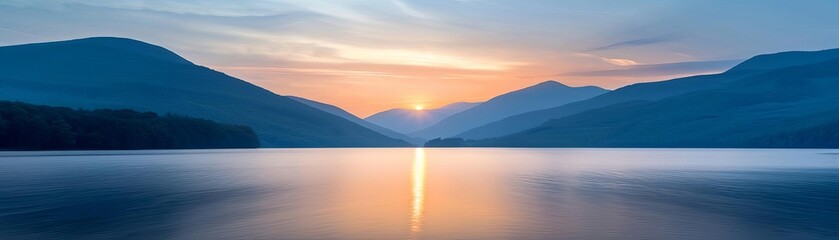 Serene sunrise over a peaceful lake with mountains in the background, creating a tranquil and picturesque landscape.