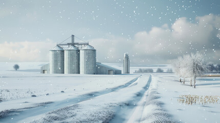 A wintry landscape featuring expansive silos under a clear, soft sky with snow-covered fields and frosted tree rows, illustrating calm and cold.