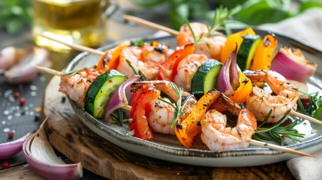 A tray of colorful shrimp skewers, garnished with vegetables and herbs, presents a vibrant and mouth-watering display of culinary art.