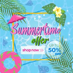 Summertime offer banner. EPS 10. Vector illustration. tropical leaves and branches. Swimming Pool