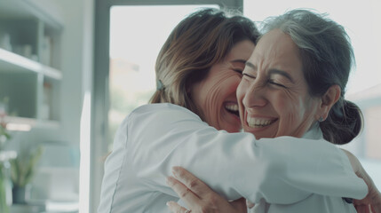 Obraz premium Two women, dressed in lab coats, share a heartfelt embrace and joyful smiles, bathed in soft natural light.