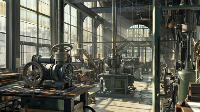 An atmospheric, industrial factory interior with complex machinery, bathed in soft light streaming through large windows.
