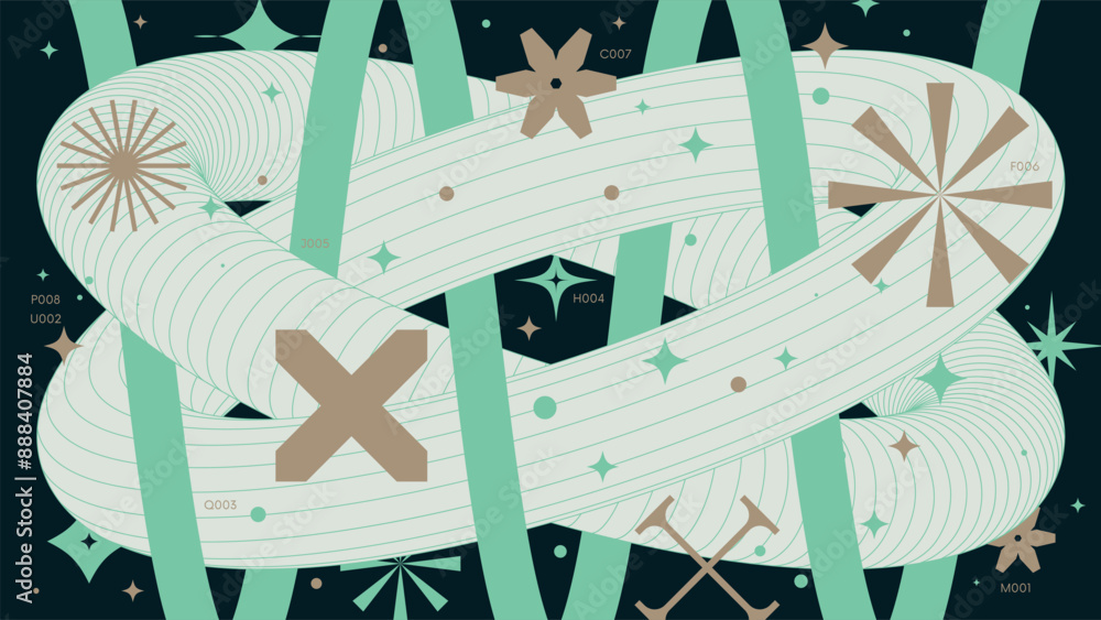 Aufkleber abstract geometric background with 3d frame wireframe form and turquoise line entwining zigzag torus