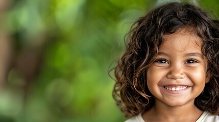 Smiling child with curly hair and green background, displaying happiness and natural innocence outdoors.