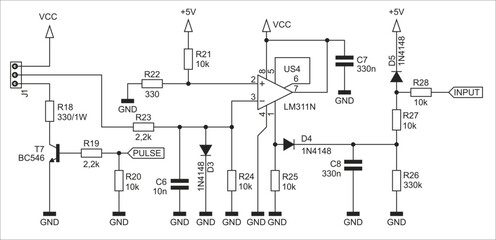 Schematic diagram of electronic device on sheet of paper.  Vector drawing electrical circuit with operational amplifier,  connector, resistor, capacitor, diode,  transistor, other components.