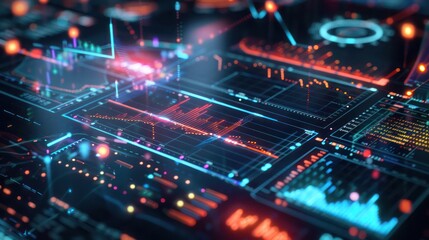 High-resolution image of a futuristic financial planning interface, with interactive 3D models of stock performance and economic indicators