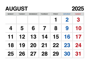 2025年8月のカレンダー月曜始まり日本の祝日表記無し

