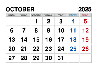 2025年10月のカレンダー月曜始まり日本の祝日表記無し
