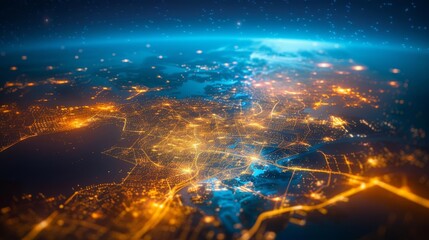 Stunning aerial view of Earth's illuminated cities and landscapes at night, showcasing urban light patterns and global connectivity.