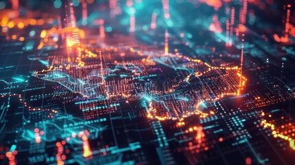 Fototapeta premium Visualization of a dynamic financial risk assessment, with glowing areas of a digital map indicating different levels of exposure