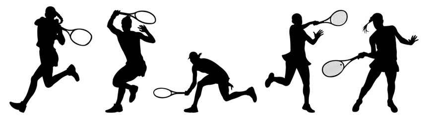 Collection of women playing tennis.Set of silhouettes of sportswomen with rackets. Vector illustration.